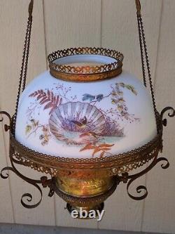 Antique Victorian Hanging Oil Lamp with Bird Shell Shade Please Read