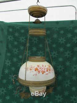 Antique Victorian Hanging Oil Lamp with Matching Painted Floral Font & Shade