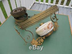 Antique Victorian Hanging Oil Lamp with Matching Painted Floral Font & Shade