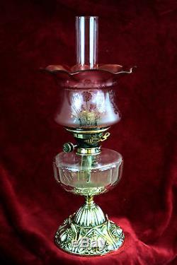 Antique Victorian'Hinks & Son' Duplex Twin Burner Oil Lamp Cranberry Shade