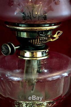 Antique Victorian'Hinks & Son' Duplex Twin Burner Oil Lamp Cranberry Shade