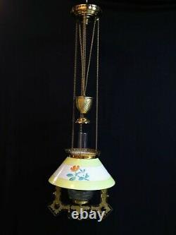 Antique Victorian Jeweled Hanging Counter Balance Oil Lamp