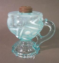 Antique Victorian KING Glass Blue Opalescent DOTS & CROSSES Finger Oil Lamp EAPG