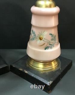 Antique Victorian Kerosene Glass Pair Of Oil LampsHand PaintedBrass