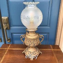 Antique Victorian Lamp Converted To Electric Old Oil Metal Gold Glass Shade