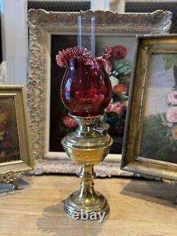 Antique Victorian Lampe Veritas Brass Oil Lamp with Cranberry Glass Shade