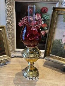 Antique Victorian Lampe Veritas Brass Oil Lamp with Cranberry Glass Shade