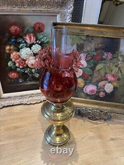 Antique Victorian Lampe Veritas Brass Oil Lamp with Cranberry Glass Shade