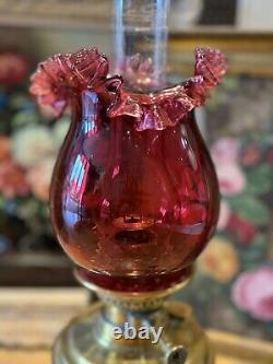 Antique Victorian Lampe Veritas Brass Oil Lamp with Cranberry Glass Shade