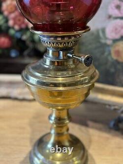 Antique Victorian Lampe Veritas Brass Oil Lamp with Cranberry Glass Shade