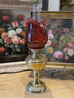 Antique Victorian Lampe Veritas Brass Oil Lamp with Cranberry Glass Shade