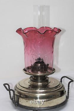 Antique Victorian Large Brass Oil Lamp Cranberry Glass Shade & Chimney 2 Handled