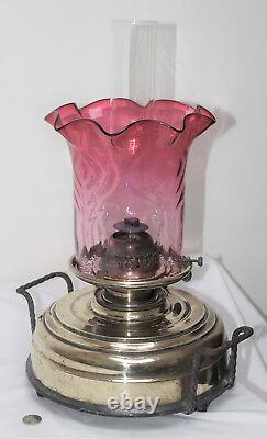 Antique Victorian Large Brass Oil Lamp Cranberry Glass Shade & Chimney 2 Handled