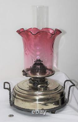 Antique Victorian Large Brass Oil Lamp Cranberry Glass Shade & Chimney 2 Handled