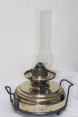 Antique Victorian Large Brass Oil Lamp Cranberry Glass Shade & Chimney 2 Handled