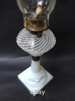 Antique Victorian Large Opalescent Swirl Pattern Glass Oil Lamp W Chimney C. 1890