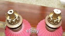 Antique Victorian Matching Pair Pink Satin Glass Peg Candlestick Oil Lamps