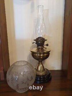 Antique Victorian OIL LAMP brass font etched shade oval chimney British Made