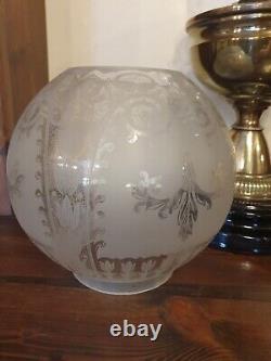 Antique Victorian OIL LAMP brass font etched shade oval chimney British Made