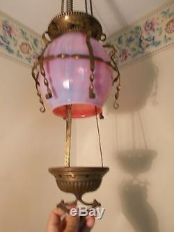 Antique Victorian Oil Hall Lamp Pink Opalescent Glass Fancy Brass Frame c1880s