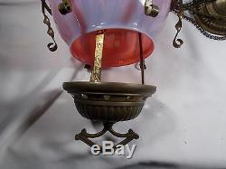 Antique Victorian Oil Hall Lamp Pink Opalescent Glass Fancy Brass Frame c1880s