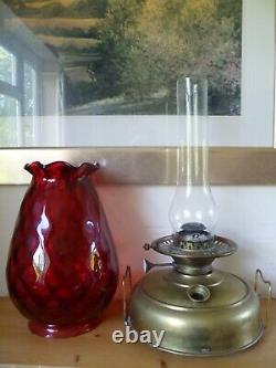 Antique Victorian Oil Heater Lamp with Large Cranberry Glass Shade