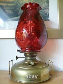 Antique Victorian Oil Heater Lamp with Large Cranberry Glass Shade