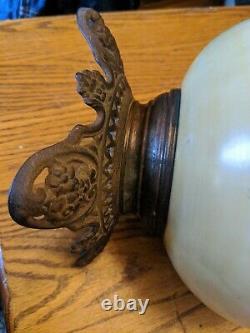 Antique Victorian Oil Kerosene Lamp Base Cast Iron Painted Glass Vtg Floral 9