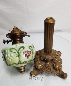 Antique Victorian Oil Kerosene lamp Double Wick Burner Brass Glass Font Duplex