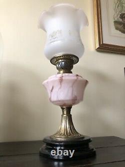 Antique Victorian Oil Lamp Acid Etched Tulip Shade And Chimney. Duplex Burner