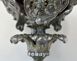Antique Victorian Oil Lamp Base Ornate Cherubs Lions Silver Tone Metal 13