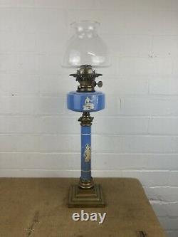 Antique Victorian Oil Lamp Blue Porcelain Amphora Style Column and Font