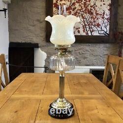 Antique Victorian Oil Lamp Brass Base Opalescent Honeycomb Moulded Glass Shade