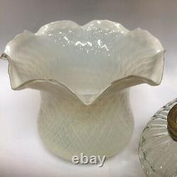 Antique Victorian Oil Lamp Brass Base Opalescent Honeycomb Moulded Glass Shade