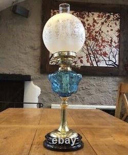 Antique Victorian Oil Lamp Brass & Ceramic Base Turquoise Font Acid Etched Shade