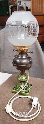 Antique Victorian Oil Lamp Brass Glass & Ceramic Table Lamp Conversion