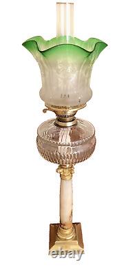 Antique Victorian Oil Lamp Complete Onyx Column Cut Glass Font Green Etchd Shade