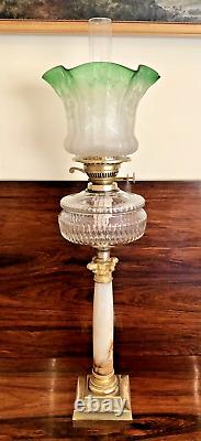 Antique Victorian Oil Lamp Complete Onyx Column Cut Glass Font Green Etchd Shade