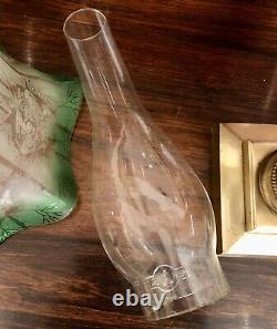 Antique Victorian Oil Lamp Complete Onyx Column Cut Glass Font Green Etchd Shade