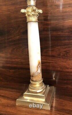 Antique Victorian Oil Lamp Complete Onyx Column Cut Glass Font Green Etchd Shade