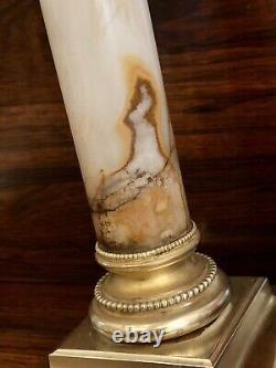 Antique Victorian Oil Lamp Complete Onyx Column Cut Glass Font Green Etchd Shade