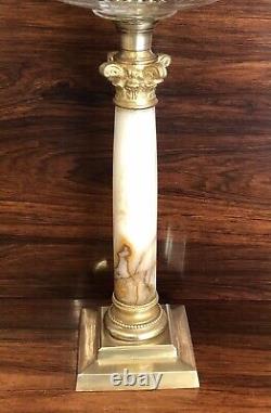 Antique Victorian Oil Lamp Complete Onyx Column Cut Glass Font Green Etchd Shade