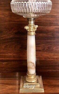 Antique Victorian Oil Lamp Complete Onyx Column Cut Glass Font Green Etchd Shade