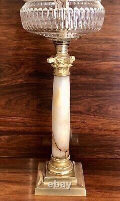 Antique Victorian Oil Lamp Complete Onyx Column Cut Glass Font Green Etchd Shade