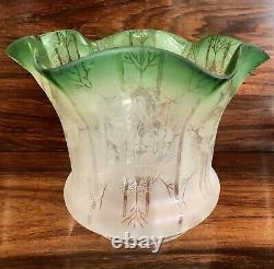 Antique Victorian Oil Lamp Complete Onyx Column Cut Glass Font Green Etchd Shade