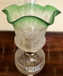 Antique Victorian Oil Lamp Complete Onyx Column Cut Glass Font Green Etchd Shade