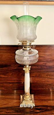 Antique Victorian Oil Lamp Complete Onyx Column Cut Glass Font Green Etchd Shade