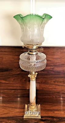 Antique Victorian Oil Lamp Complete Onyx Column Cut Glass Font Green Etchd Shade