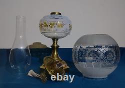 Antique Victorian Oil Lamp Enamelled Opalescent Font Duplex Burner Globe Shade