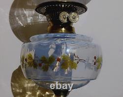 Antique Victorian Oil Lamp Enamelled Opalescent Font Duplex Burner Globe Shade